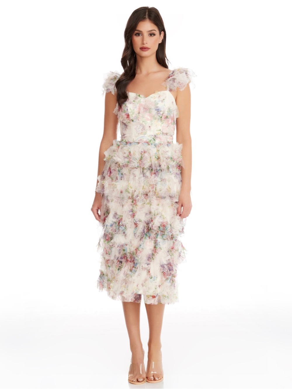 Dress The Population Kristen Floral Tulle Ruffle Midi Dress Sz M MSRP $430 NEW